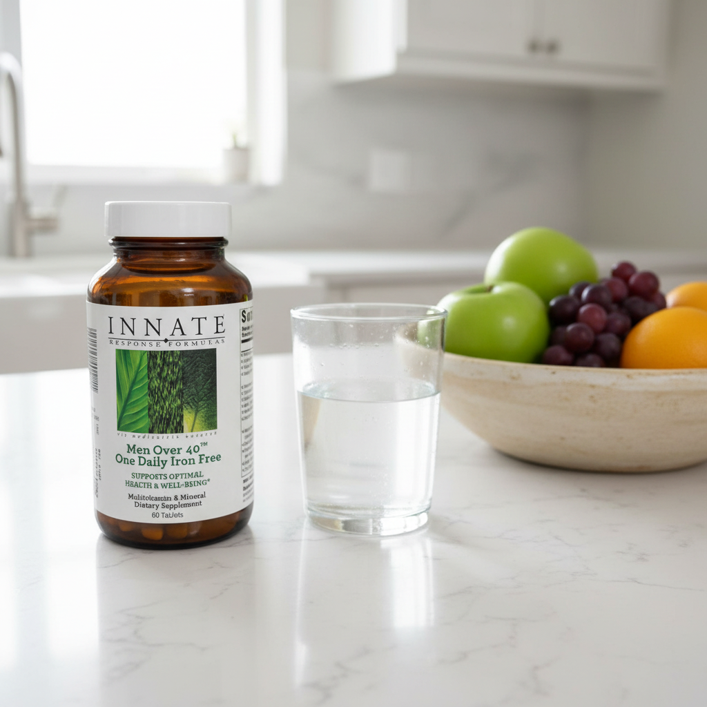Innate Response Men Over 40 Multivitamin on minimalist quartz kitchen island with glass of water and artisan fruit bowl