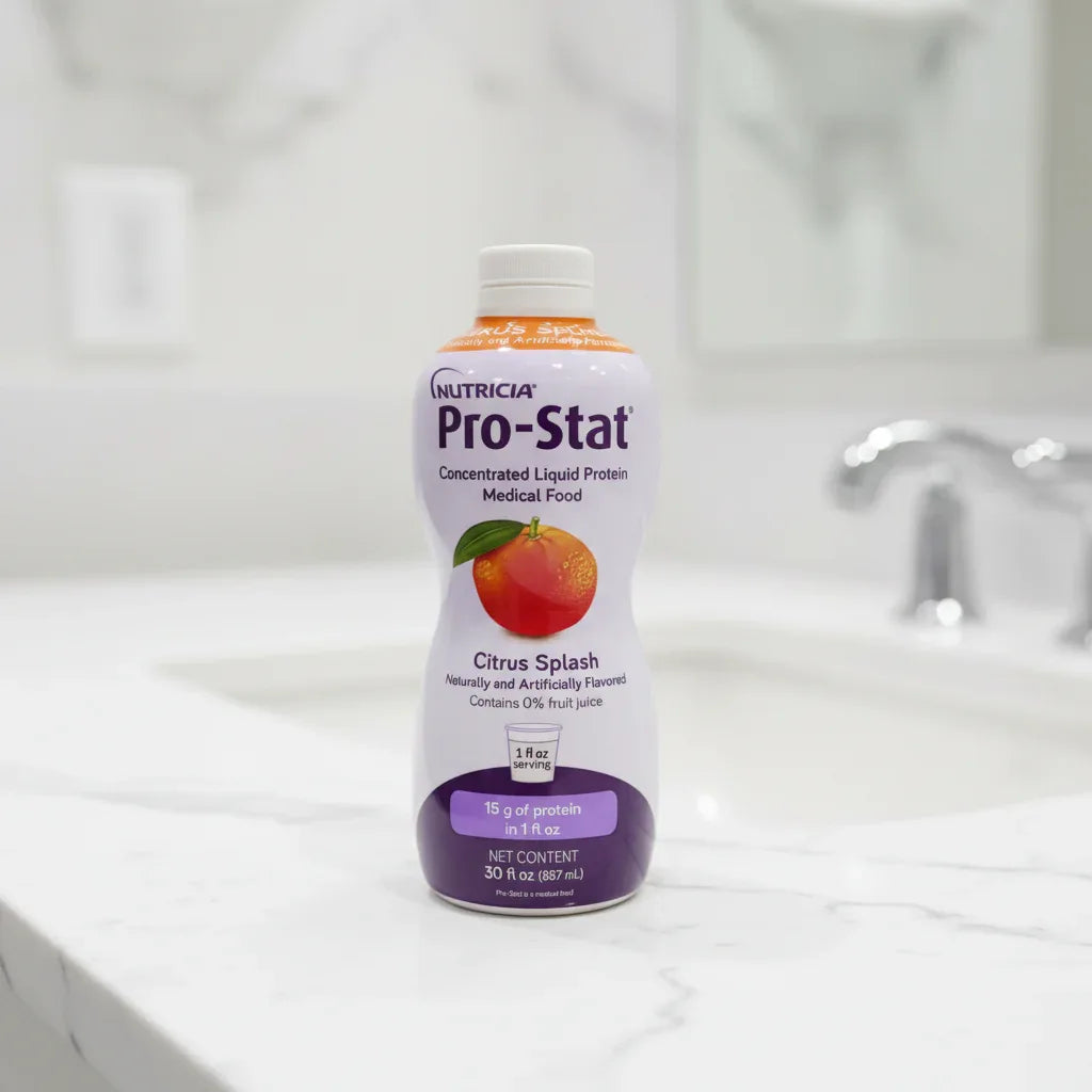 Nutricia Pro-Stat medical dietary nutrition bottle on high-quality sterile white bathroom counter, soft diffused studio lighting