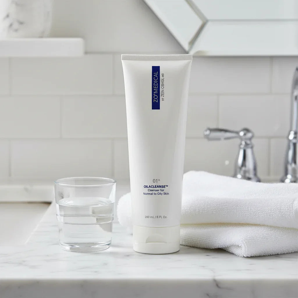 ZO Obagi Oilacleanse in elegant morning skincare routine setting on marble surface luxury bathroom