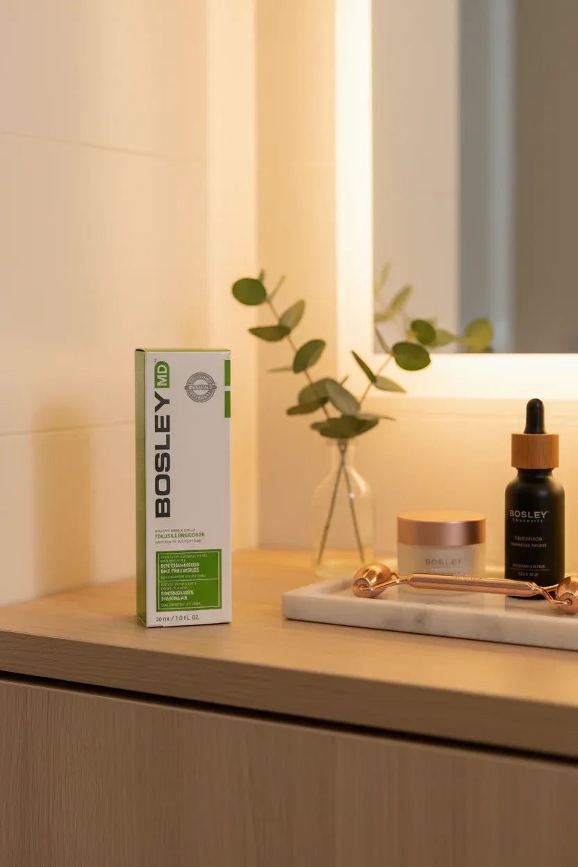 BosleyMD Follicle Energizer box on minimalist vanity shelf with skincare tray and eucalyptus sprig — More4less Outlet