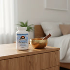 Source Naturals Optimistic Saffron Complex bottle on oak bedside table in modern bedroom with morning meditation singing bowl