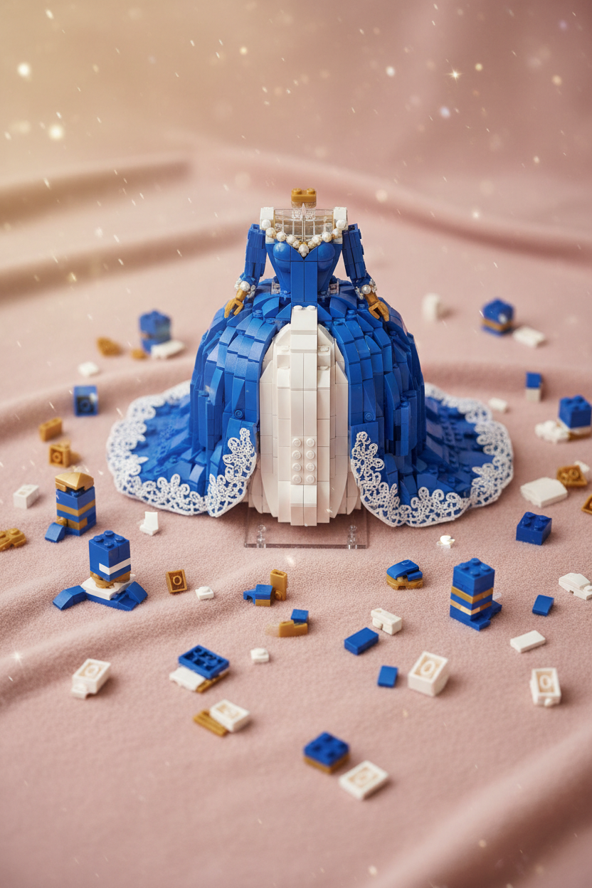 LEGO-style blue ballgown dress model on a display stand surrounded by blue and gold bricks on a pink surface
