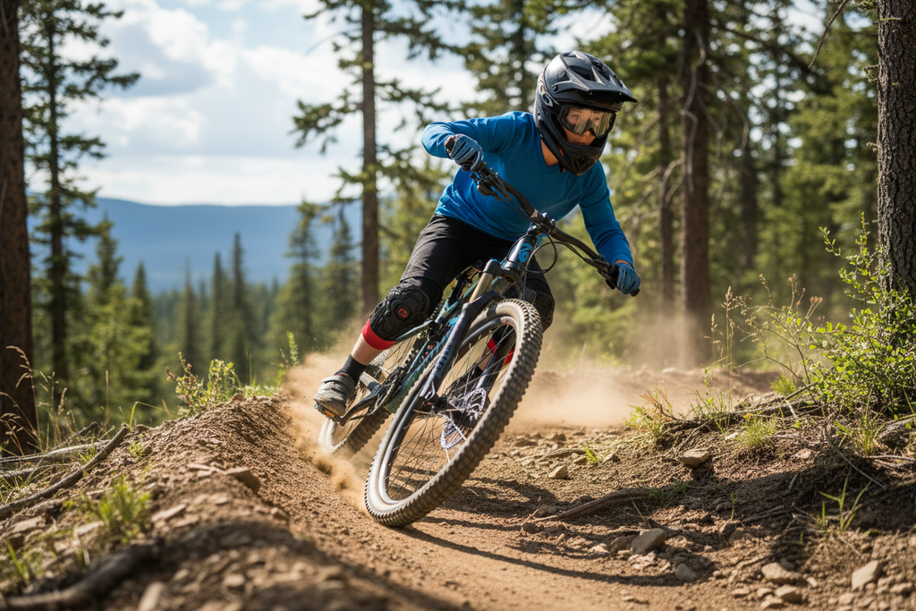 G-Form Youth Pro-X2 Knee Pads worn by young kid mountain biking on dirt trail
