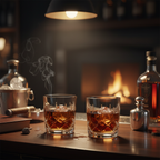 Two elegant crystal whisky glasses filled with amber whisky on a dark wood bar surface