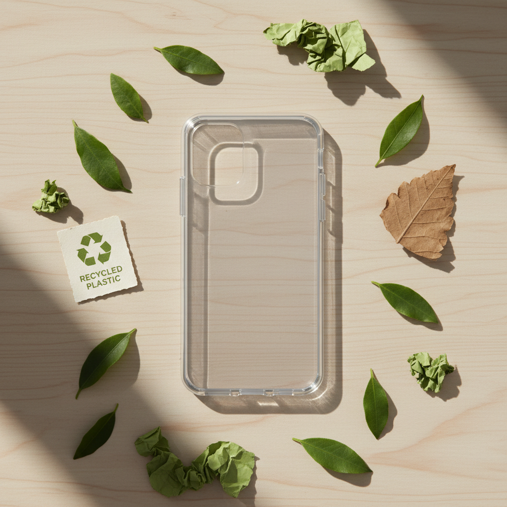 Eco-friendly lifestyle flat-lay of clear phone case on natural wood surface with green leaves symbolizing 60% recycled plastic construction