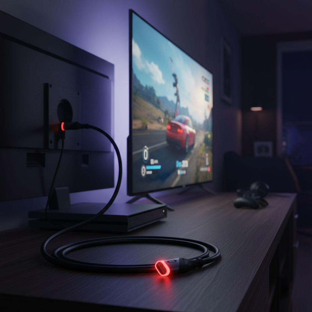 Monster 6ft Red LED HDMI Cable positioned next to modern gaming console and 4K TV in gaming room setup