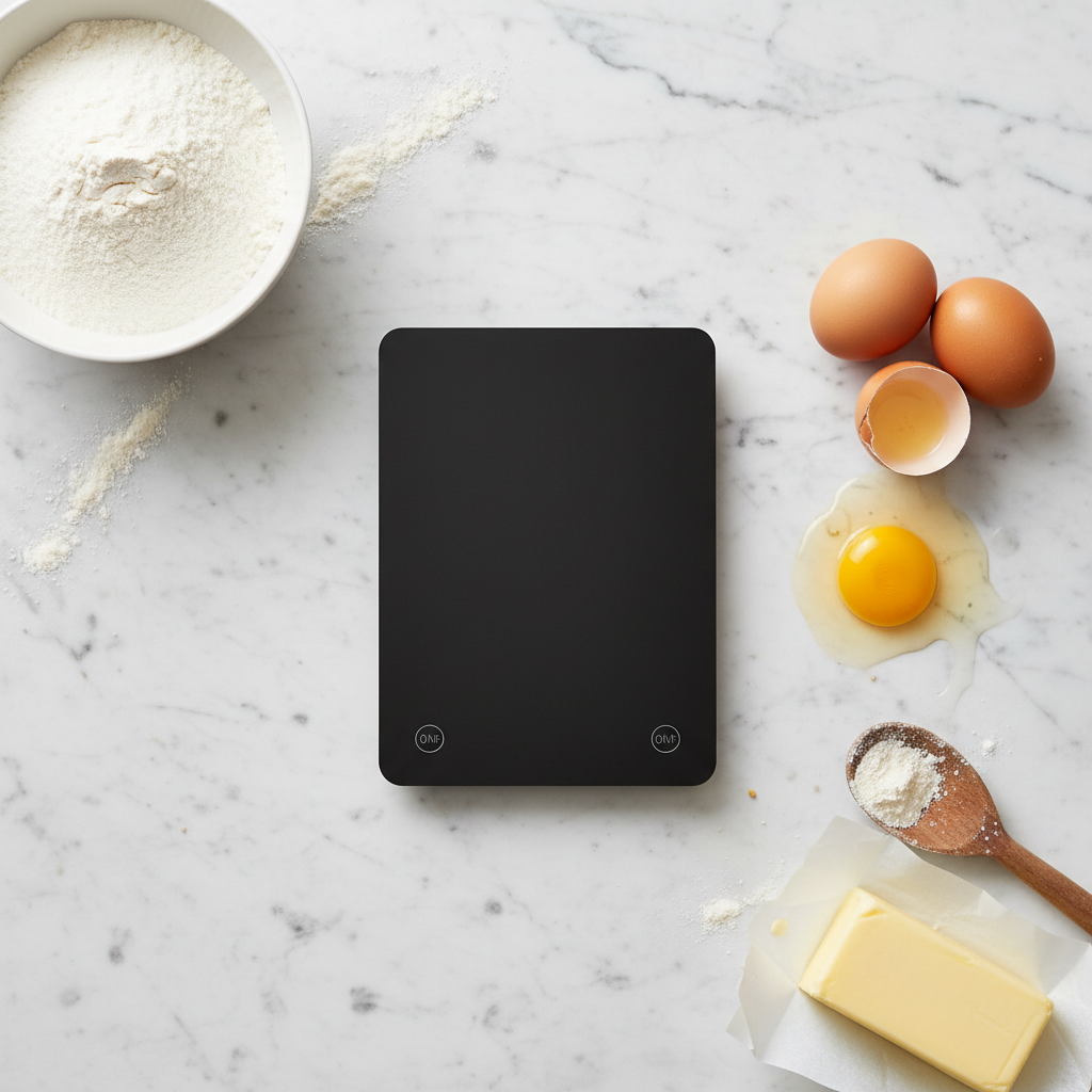 Lifestyle — overhead flatlay of slim black kitchen scale surrounded by flour bowl, eggs, butter, and wooden spoon on white marble — editorial for visual context only