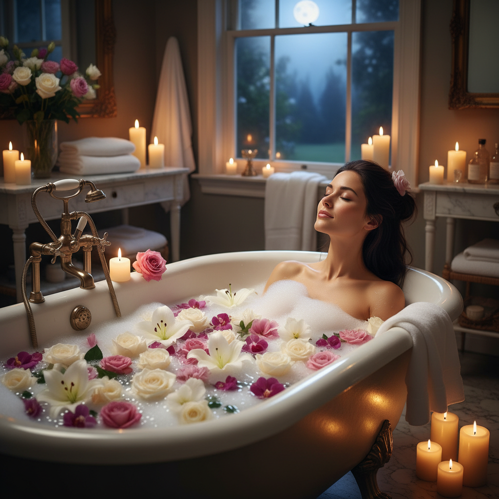 Woman relaxing in bubble bath with fresh flowers floating in water soft candlelight luxurious spa lifestyle photo