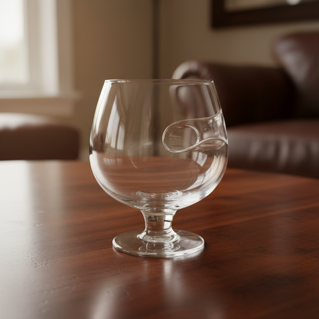 Empty Brookstone clear cigar-holder whiskey glass on a wood table, showing the integrated side rest