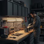Person working at garage workbench with LED task lighting mounted above