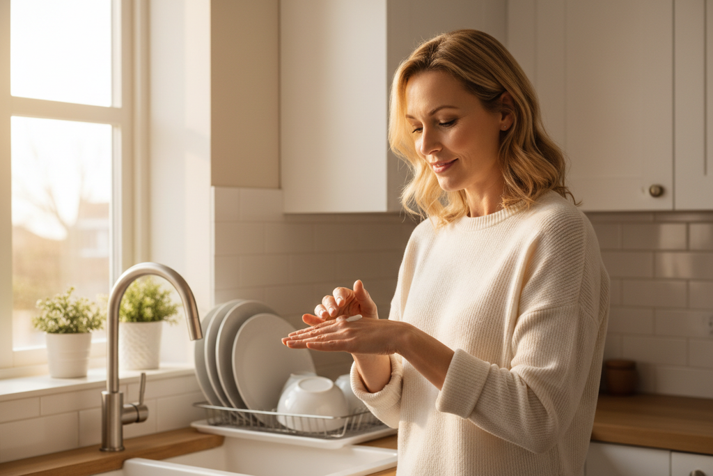 Woman applying hand cream after washing dishes at kitchen sink - everyday hand care lifestyle