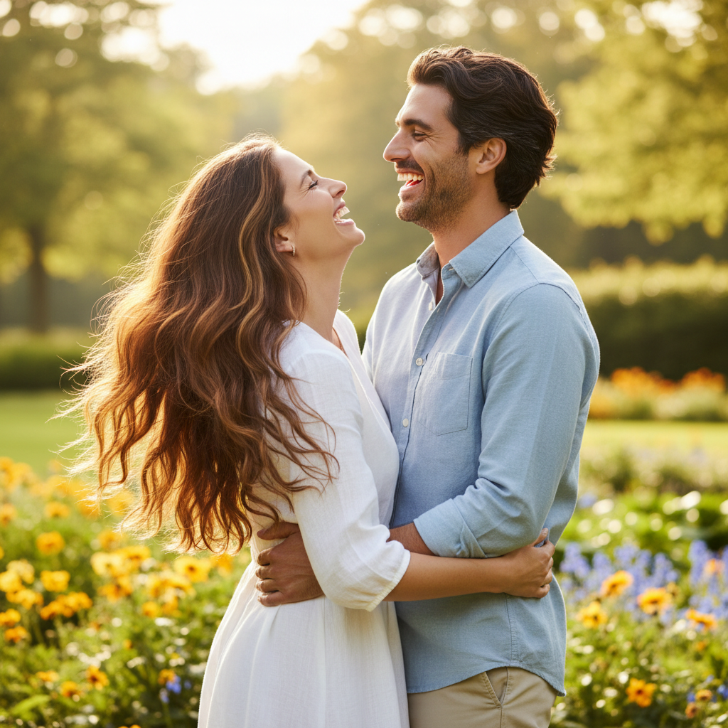 Man and woman with healthy full hair laughing together outdoors sunny day confident lifestyle photo