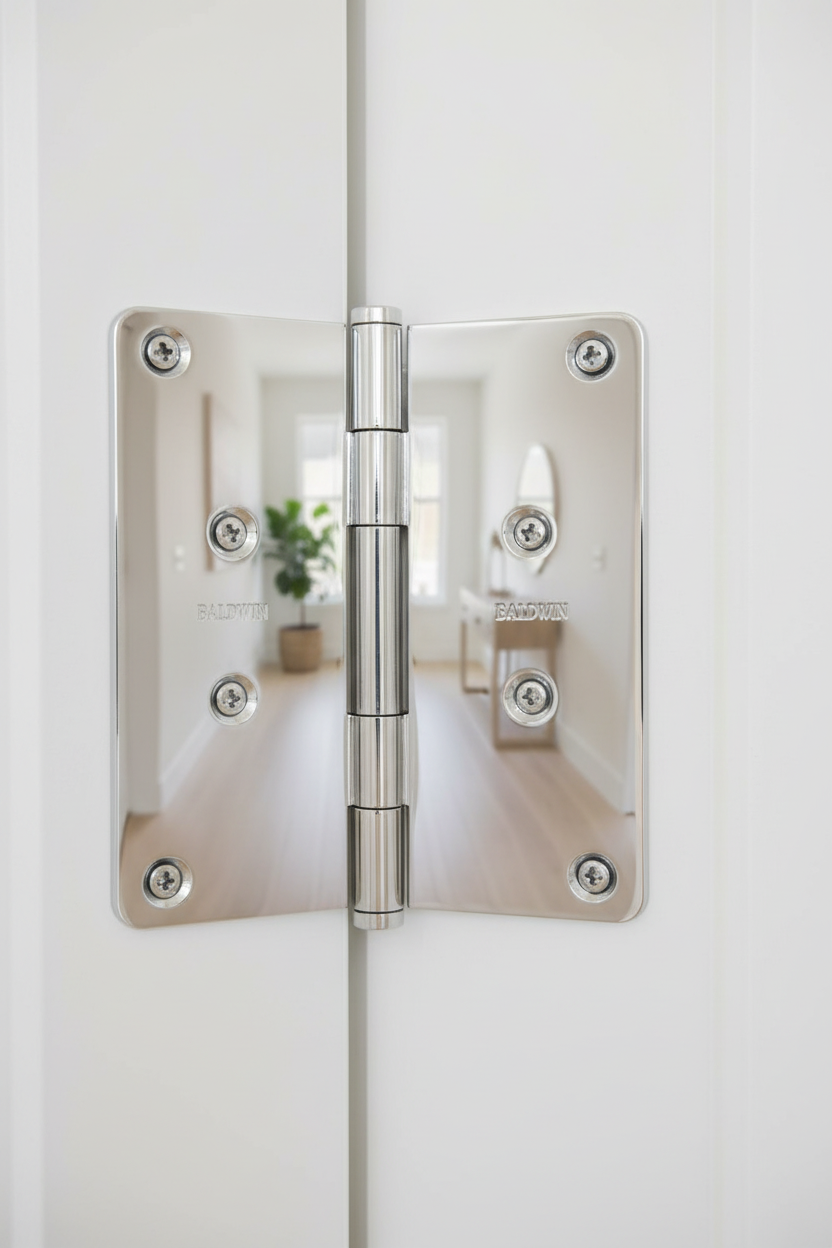 Baldwin polished chrome 1/4 radius hinge with button finials mounted on white interior door in bright home hallway