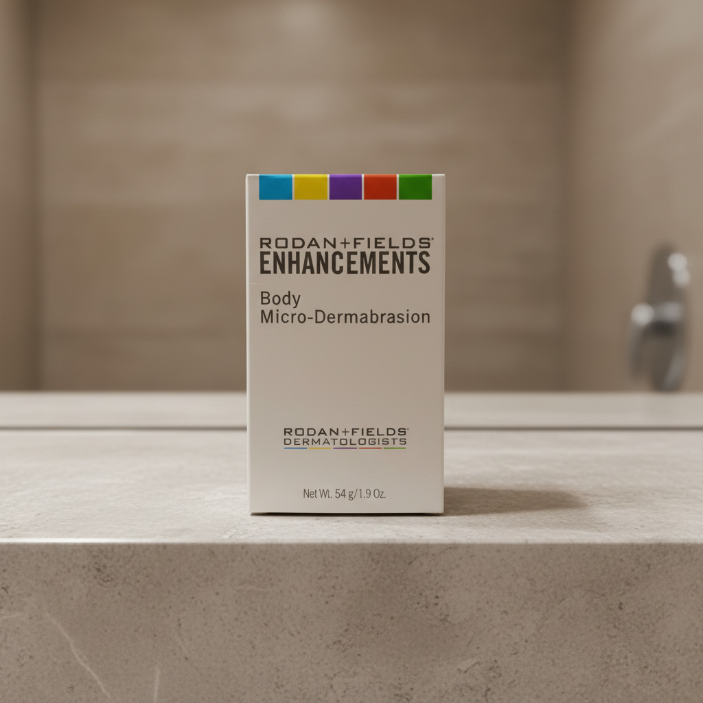 Rodan + Fields ENHANCEMENTS Body Micro-Dermabrasion 1.9 oz package on a neutral stone shelf