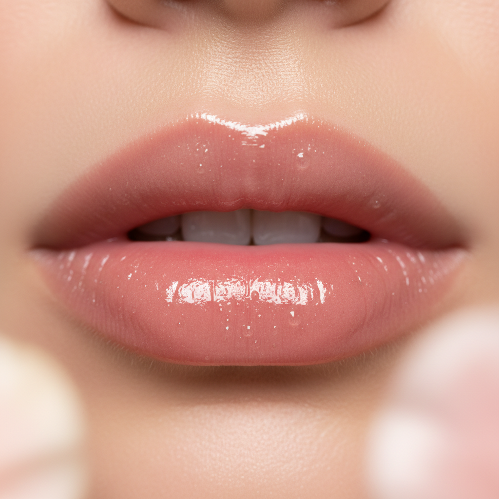 Macro close-up glossy hydrated lips after Manna Kadar lip oil tint treatment — More4less Outlet