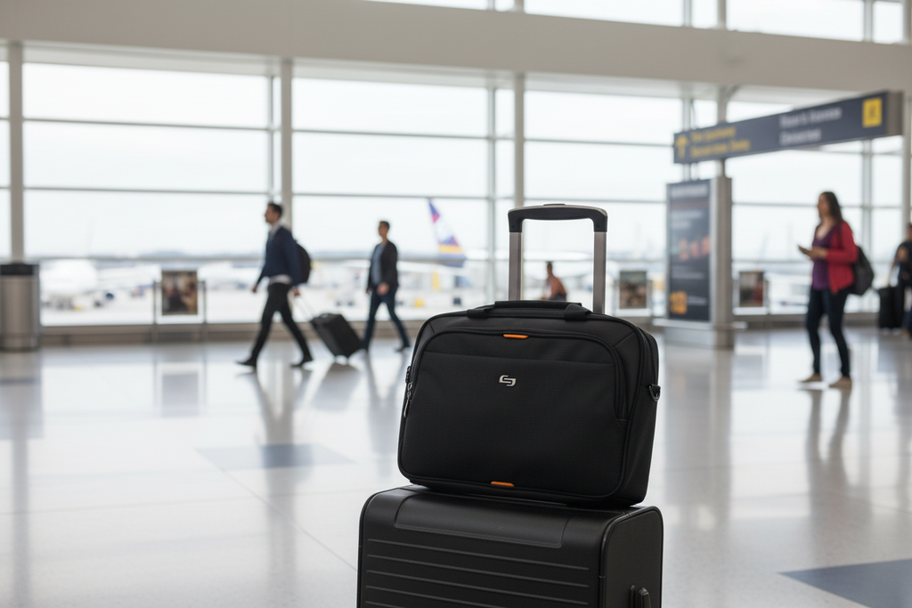 Solo New York Ace Slim Brief sliding over rolling luggage trolley handle at airport — travel-ready laptop bag — More4less Outlet