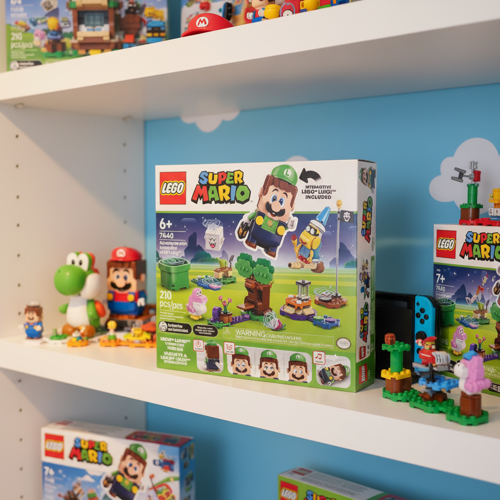 LEGO Super Mario Adventures with Interactive LEGO Luigi set 71440 factory-sealed retail box on bright white game room shelf alongside other colorful LEGO Super Mario sets and Nintendo-themed toys — fun gift-ready lifestyle scene