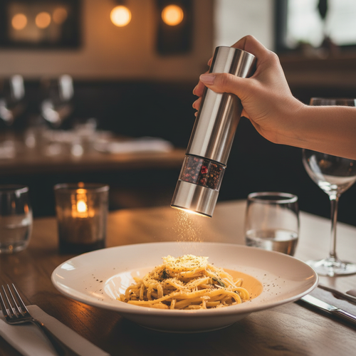 Hand holding Prima Cucina Battery-Operated Pepper Mill over a plated pasta dish with built-in light glowing, restaurant-style lifestyle photography