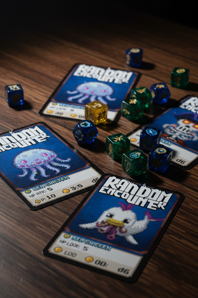 Close-up flat lay of Random Encounter creature cards and loot dice on dark wooden surface with pixel art 8-bit moody lighting — More4less Outlet