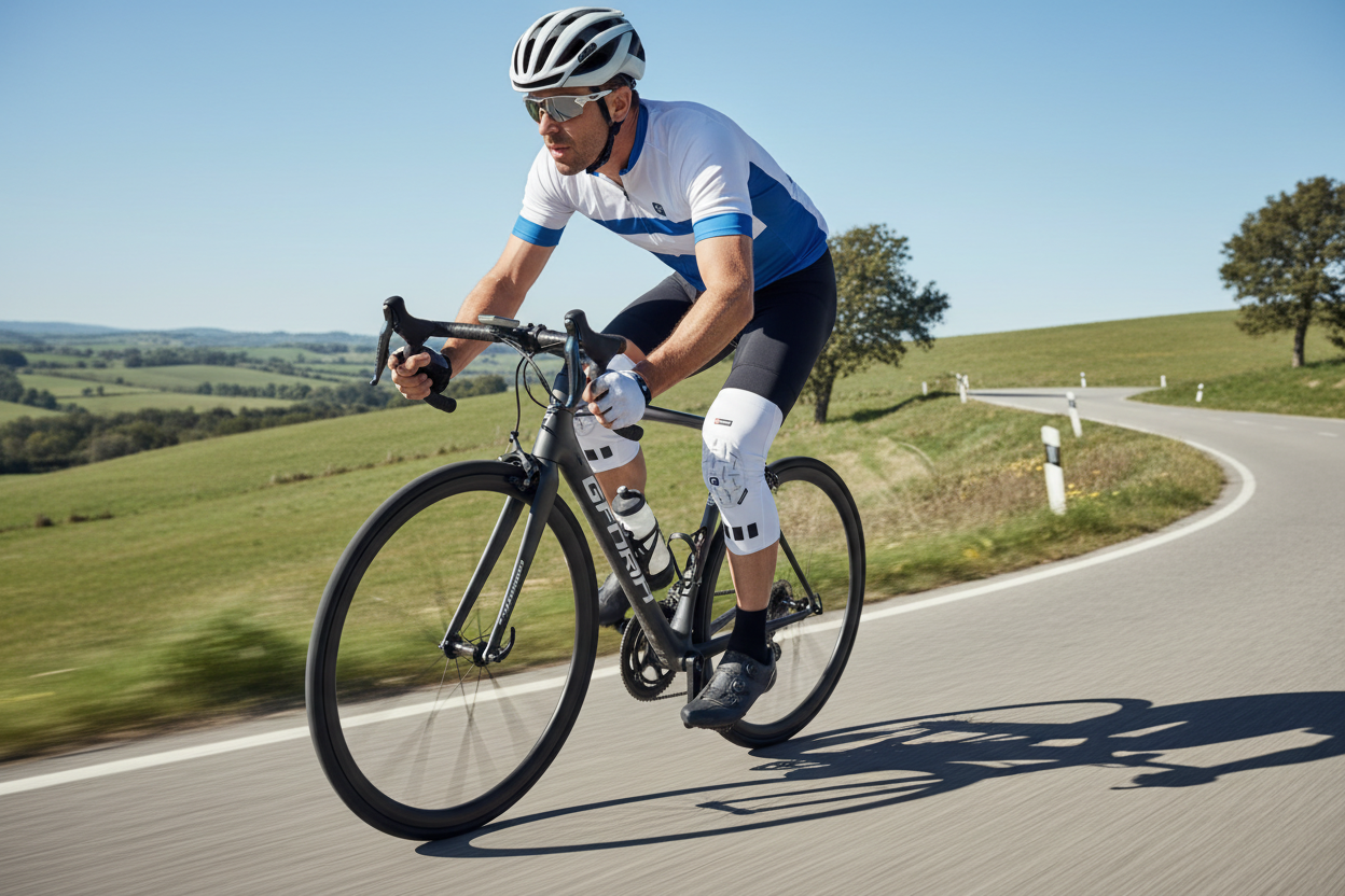 G-Form Pro Knee Sleeves worn by adult cyclist on road bike outdoor action shot