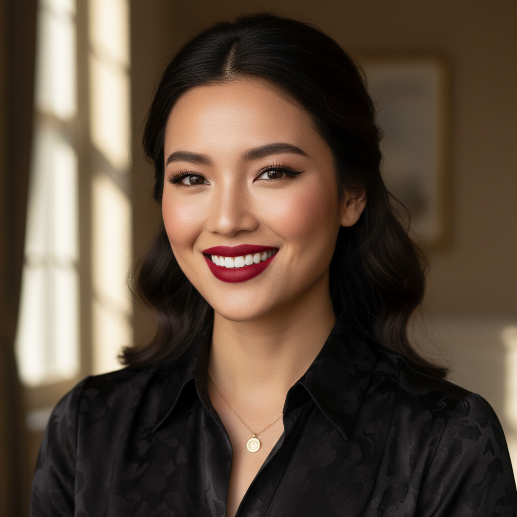 Stylish woman with bold, perfectly defined red lips smiling confidently