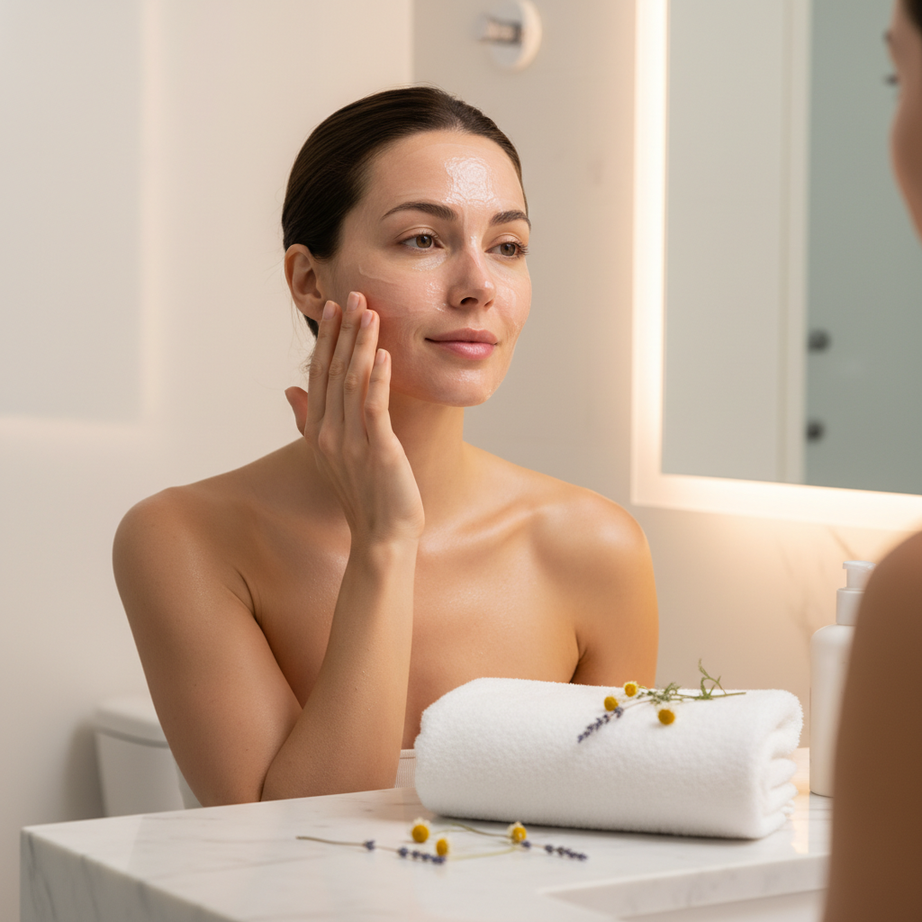 Woman applying a hydrating gel face mask in a spa-like bathroom setting with botanical elements