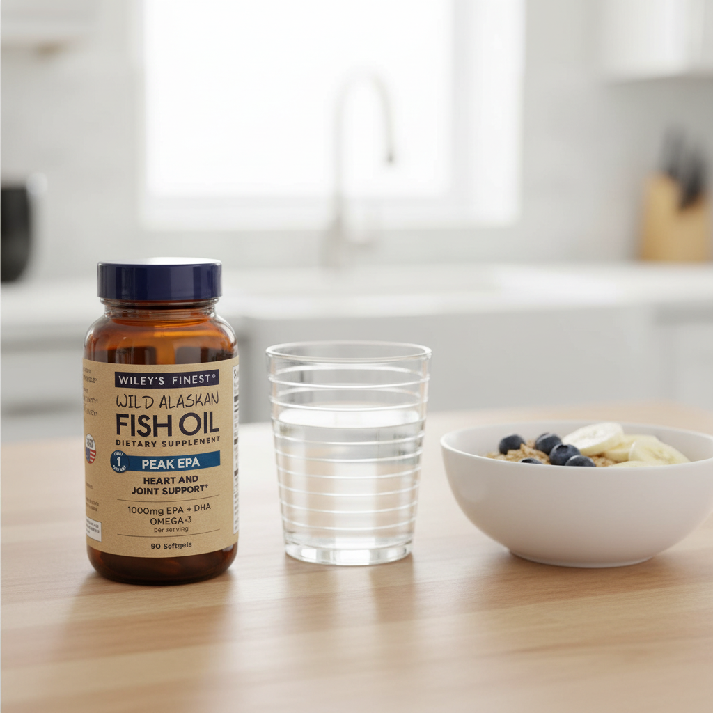 AI-generated contextual image of Wiley's Finest Peak EPA Wild Alaskan Fish Oil 90 Softgels beside water and a breakfast bowl
