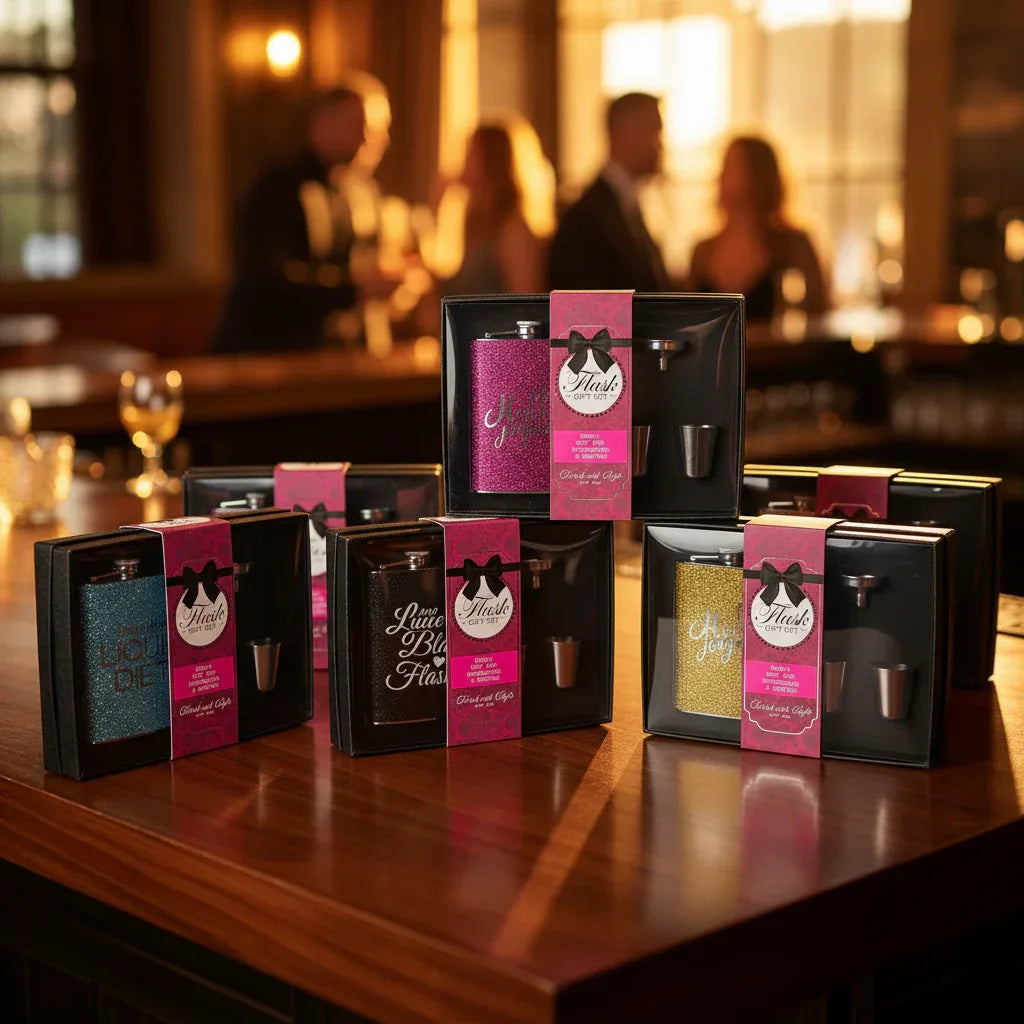 Multiple Glitter Flask Gift Set boxes on contemporary wood bar top during lounge-style event with warm golden hour lighting
