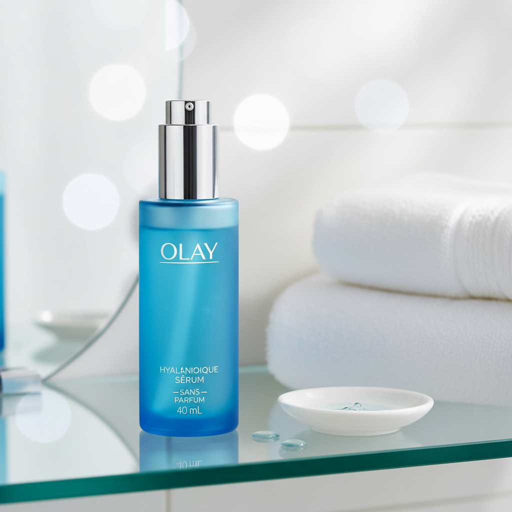 Olay Hyaluronique Hydratant Sérum displayed on a glass shelf in a minimalist bathroom with soft bokeh background