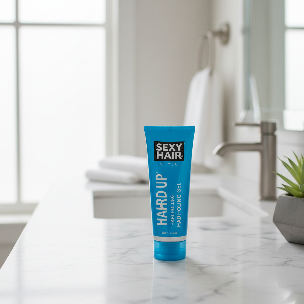 Sexy Hair Style Hard Up gel tube on marble bathroom counter lifestyle photo