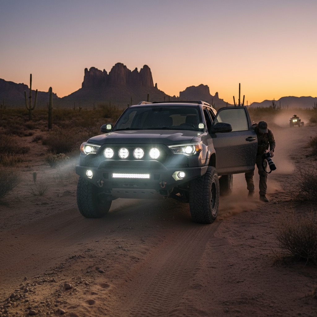 Alpena Spot Ranger LED accent lights on lifted SUV front grille white beams illuminating dusty desert trail dusk cinematic off-road - More4less Outlet