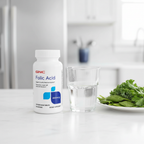 GNC Folic Acid bottle on kitchen counter with leafy green vegetables and water – More4less Outlet