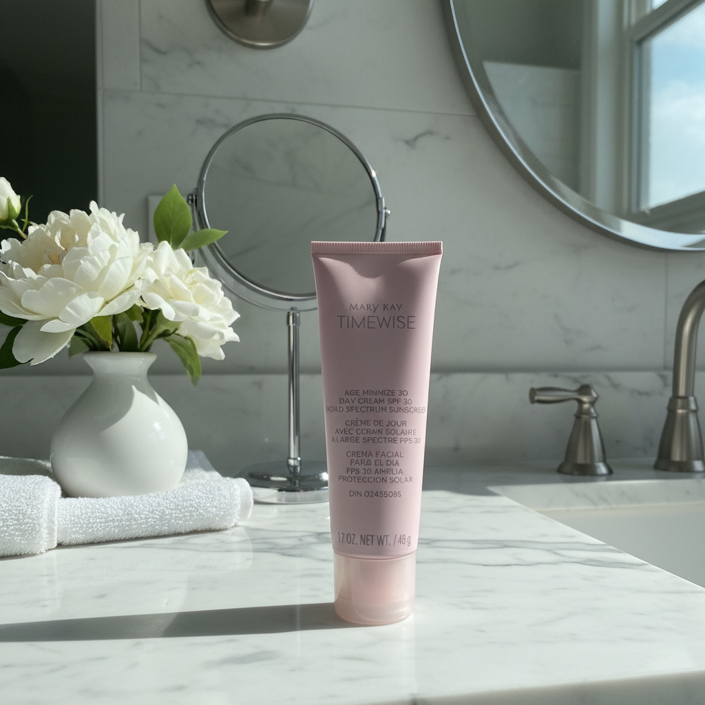 Mary Kay TimeWise Age Minimize 3D Day Cream SPF 30 on marble counter with morning sunlight and white flowers – More4less Outlet
