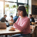 Stylish woman in pink sweater checking time on black watch with silver bezel in cafe
