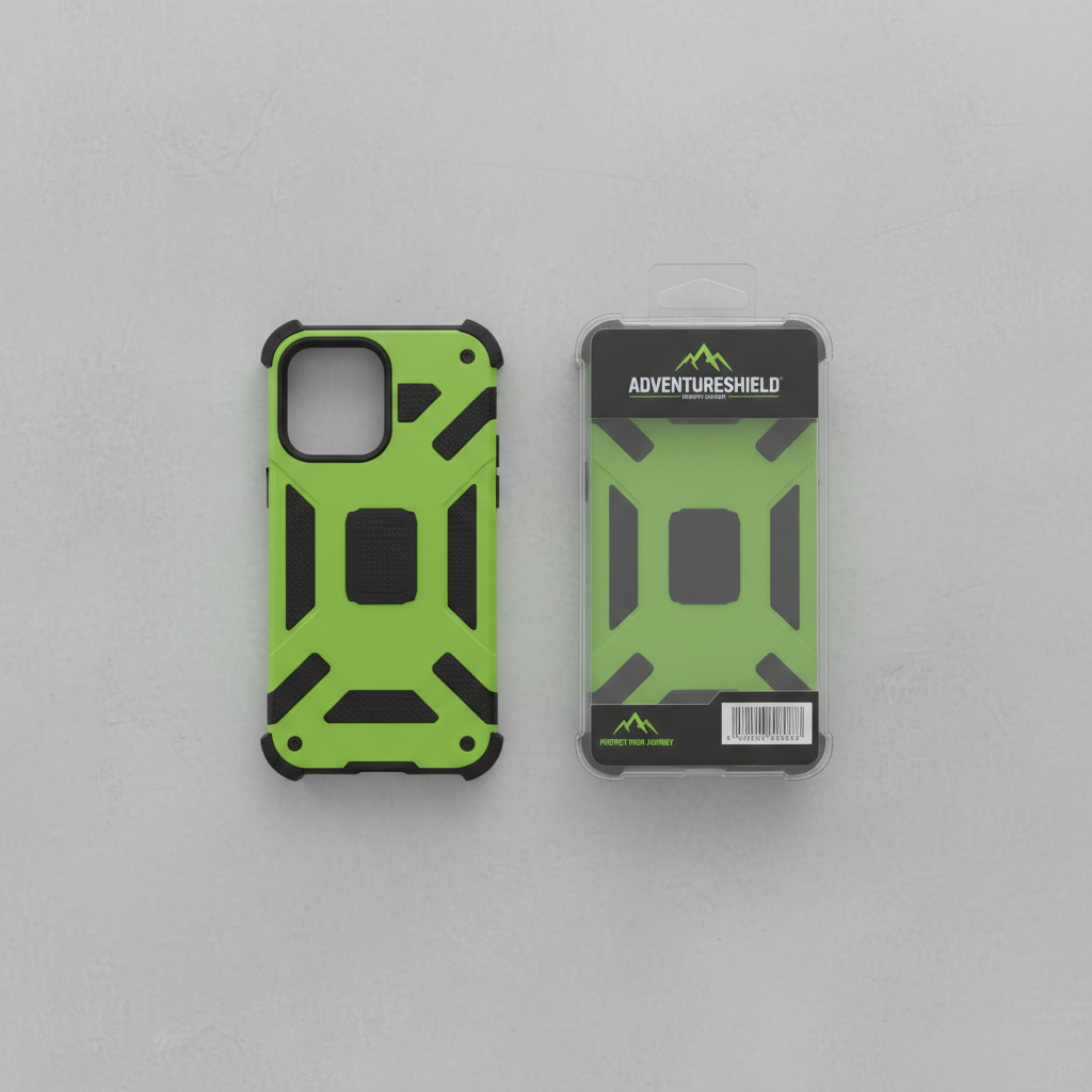 Overhead flat-lay of neon green and black S22 Ultra phone case beside original clear retail packaging on gray surface