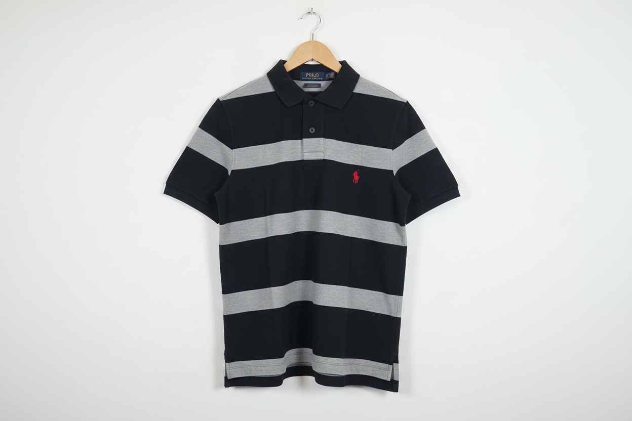 Polo Ralph Lauren Custom Fit black grey striped polo shirt XS hanging on wooden hanger white wall – More4less Outlet