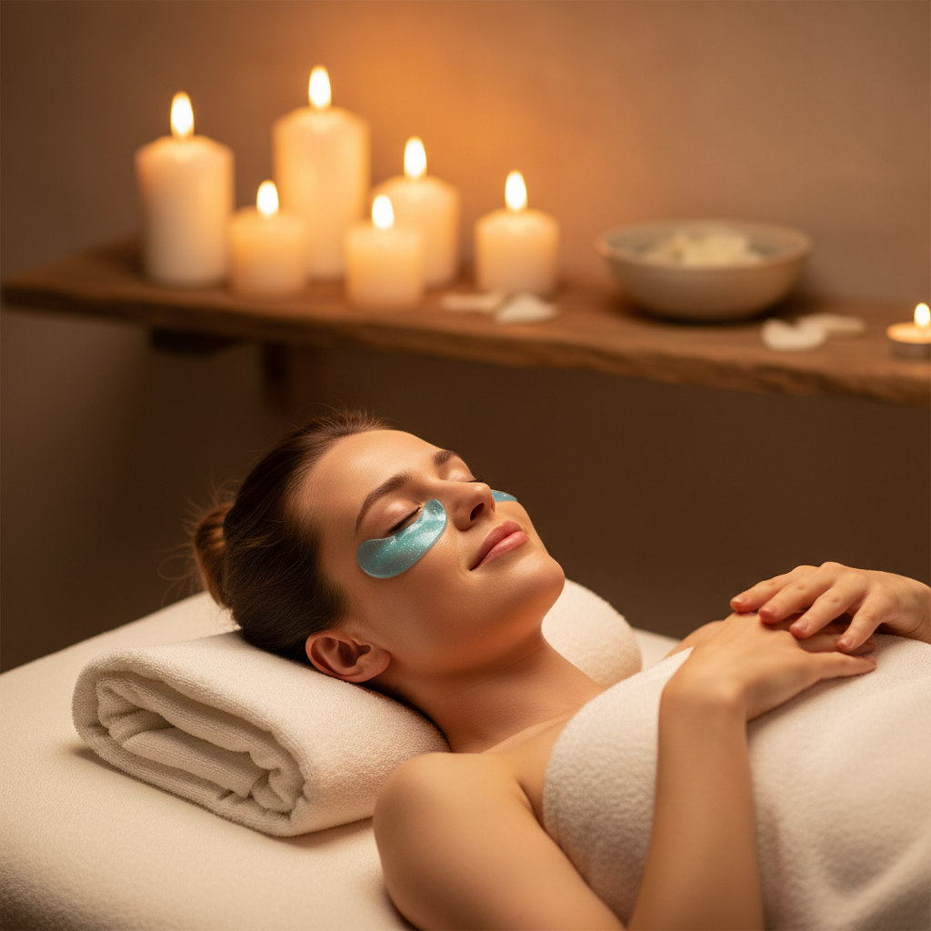 Woman relaxing with hydrogel under-eye patches applied, soft spa lighting with candles