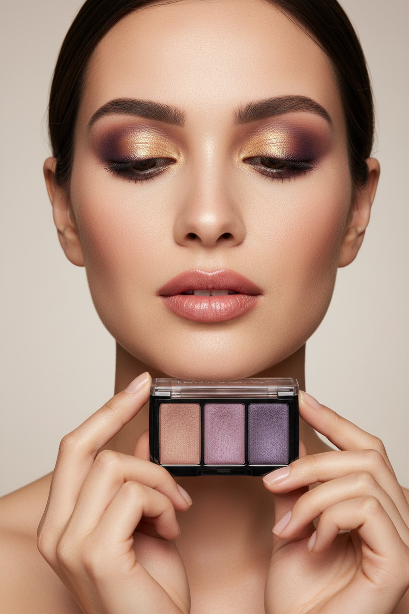 Woman with warm gold and purple shimmer eye look holding Mary Kay Mineral Eye Color Quad