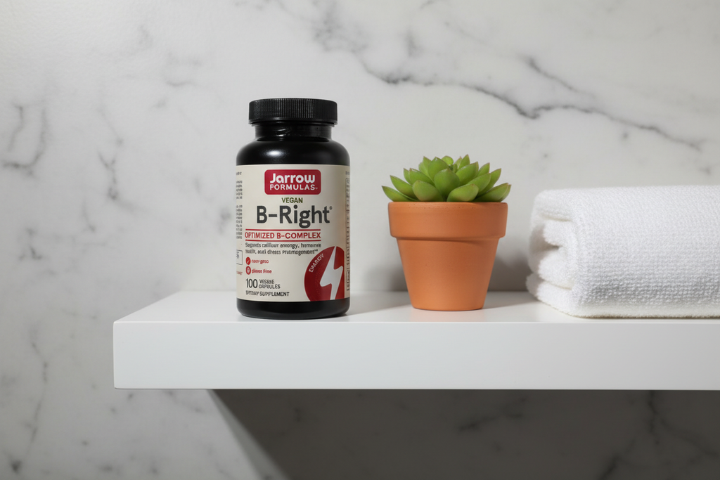 Jarrow Formulas B-Right B-Complex bottle on bathroom shelf with succulent plant – More4less Outlet