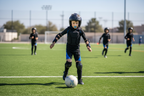 Young boy wearing athletic compression shorts playing youth sports on a bright green field