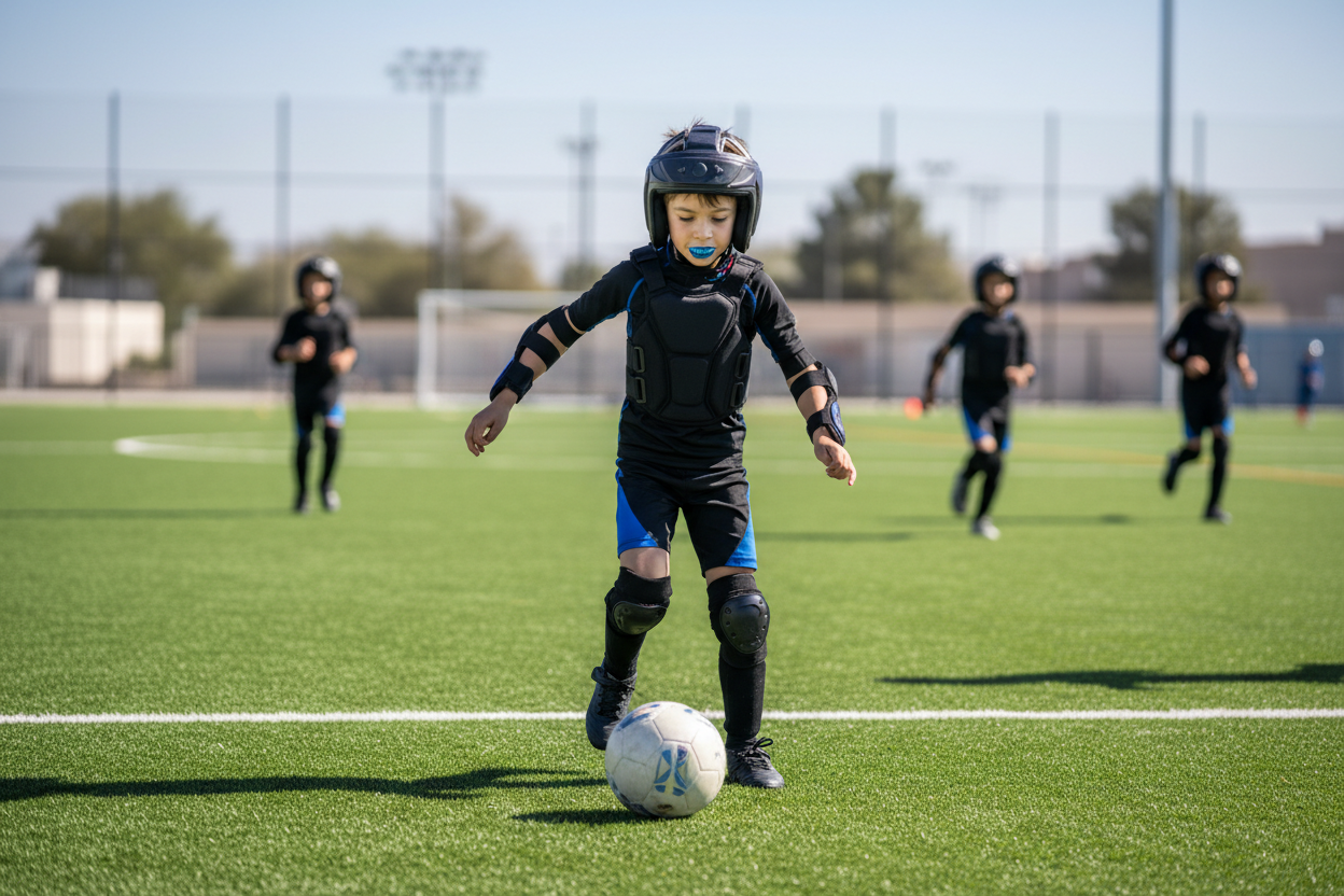 Young boy wearing athletic compression shorts playing youth sports on a bright green field