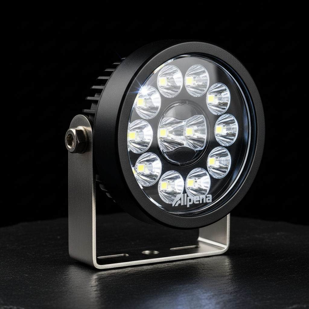 Alpena Spot Roamer LED fog light pod close-up 12 high-output LEDs polycarbonate lens stainless steel bracket studio dark background - More4less Outlet