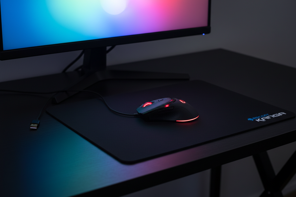 Corsair Raptor M3 black gaming mouse with red LED scroll wheel on ROCCAT Kanga black cloth mousepad on dark gaming desk with RGB monitor