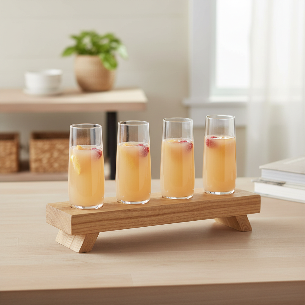 AI-generated lifestyle image of a Mason Craft and More mimosa set with exactly four tall clear champagne glasses on one wood tray in a neutral home-bar setting.