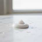 Close-up of lightweight face moisturizer dollop on clean white marble surface in soft morning light