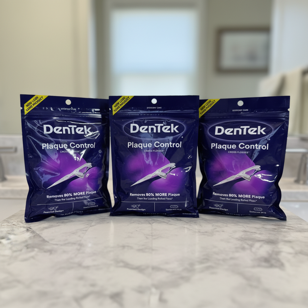 DenTek Plaque Control Cross Flosser 75-count three-bag pack on a neutral vanity