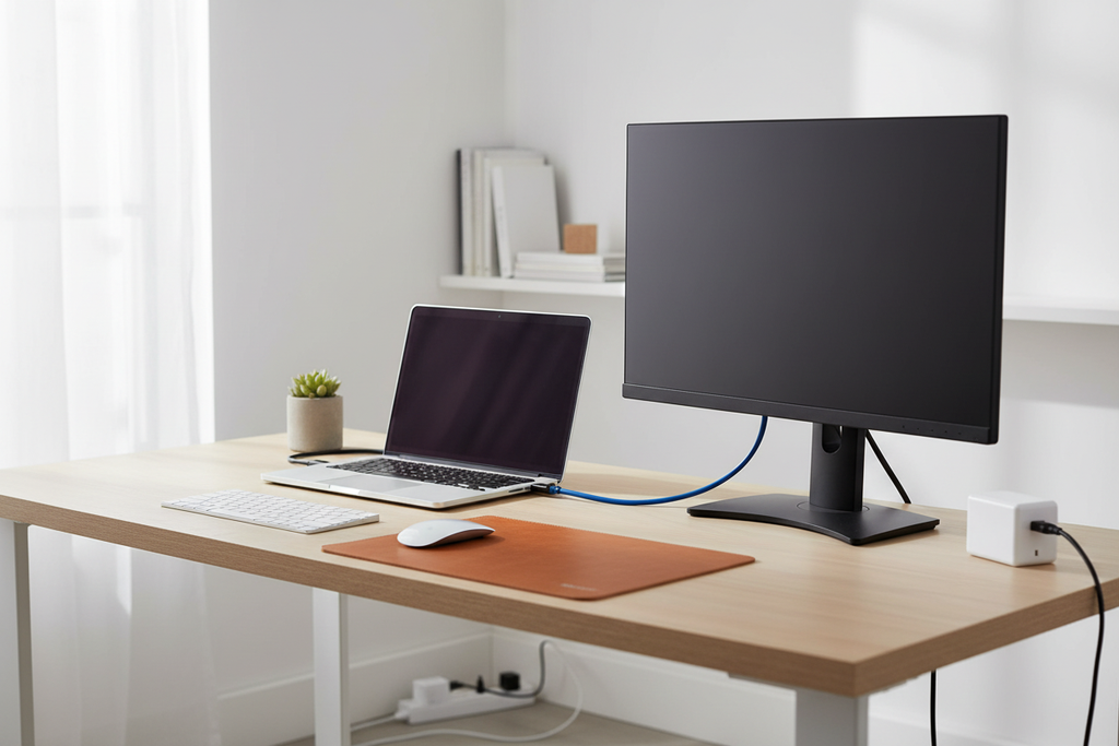 Belkin USB-C to VGA adapter on home office desk connecting laptop to external monitor while charging via pass-through — More4less Outlet