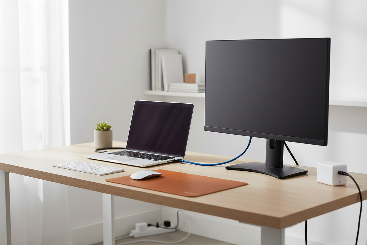 Belkin USB-C to VGA adapter on home office desk connecting laptop to external monitor while charging via pass-through — More4less Outlet