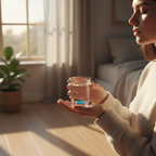 Person holding a glass of water and supplement capsule near a window with morning sunlight