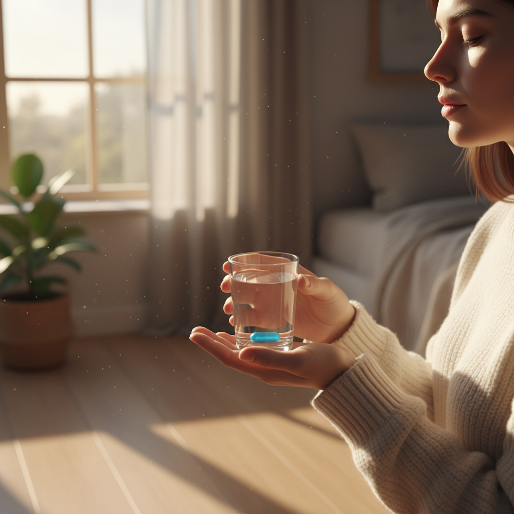 Person holding a glass of water and supplement capsule near a window with morning sunlight